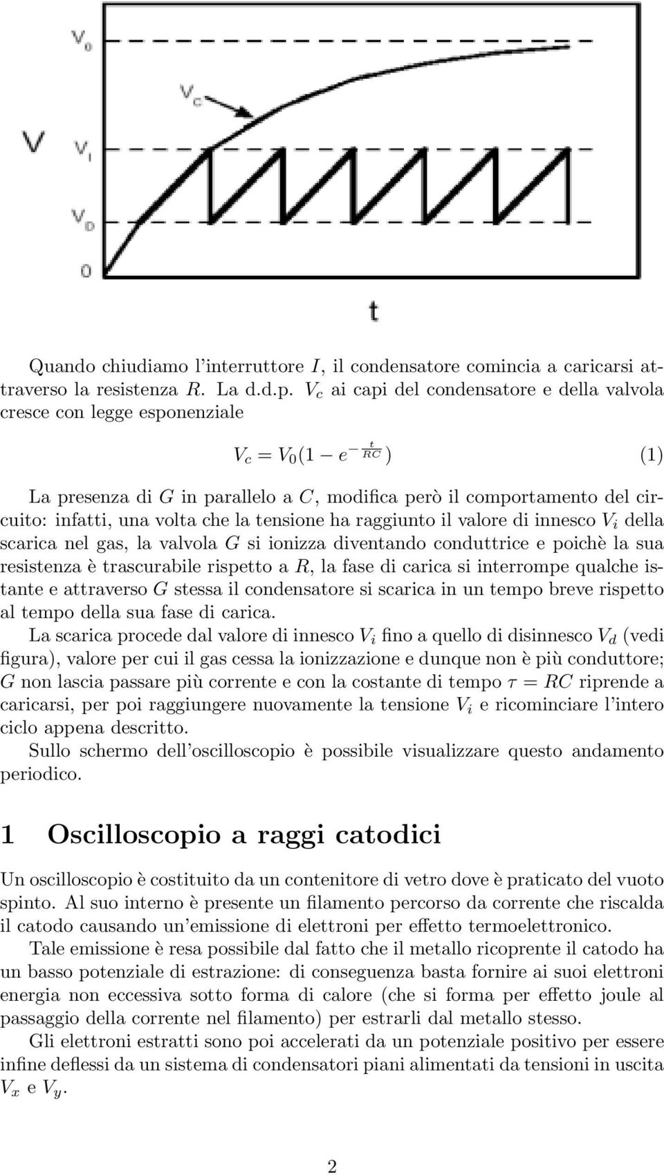 che la tensione ha raggiunto il valore di innesco V i della scarica nel gas, la valvola G si ionizza diventando conduttrice e poichè la sua resistenza è trascurabile rispetto a R, la fase di carica