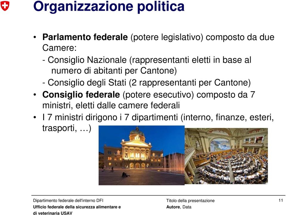 (2 rappresentanti per Cantone) Consiglio federale (potere esecutivo) composto da 7 ministri, eletti