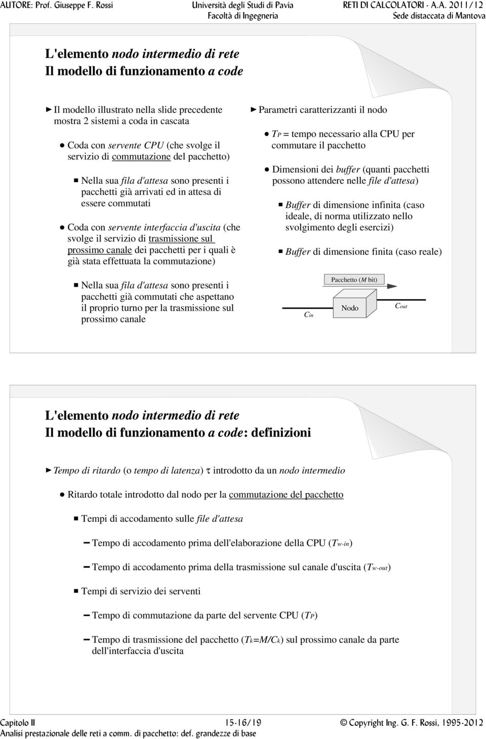 trasmissione sul prossimo canale dei pacchetti per i quali è già stata effettuata la commutazione) Parametri caratterizzanti il nodo TP = tempo necessario alla CPU per commutare il pacchetto