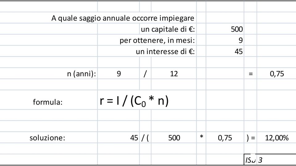 interesse di : 45 n (anni): 9 / 12 = 0,75 formula: