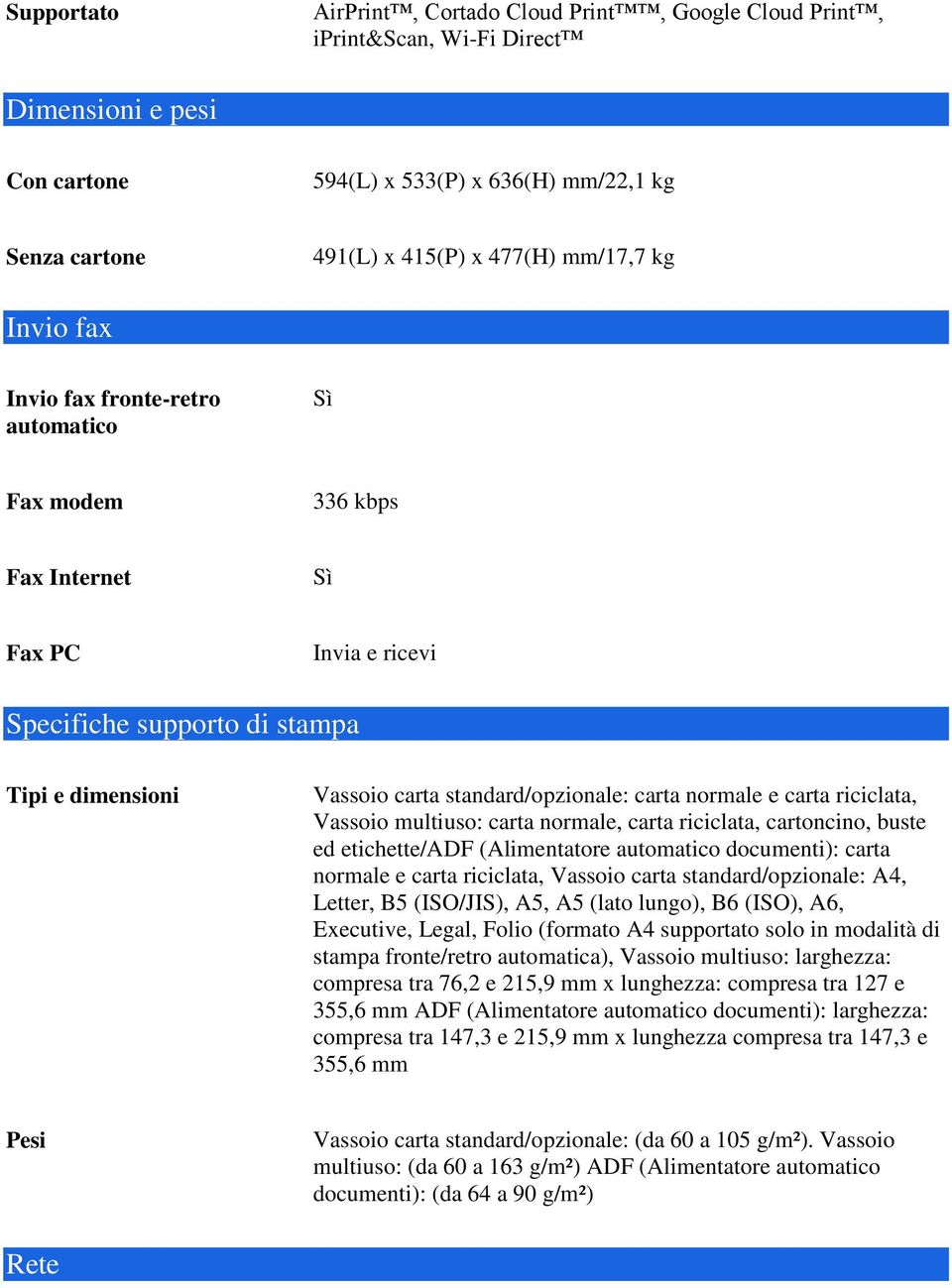 normale e carta riciclata, Vassoio multiuso: carta normale, carta riciclata, cartoncino, buste ed etichette/adf (Alimentatore automatico documenti): carta normale e carta riciclata, Vassoio carta