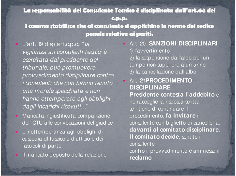 hanno ottemperato agli obblighi dagli incarichi ricevuti Mancata ingiustificata comparizione del CTU alle convocazioni del giudice L inottemperanza agli obblighi di custodia dl fascicolo d ufficio e