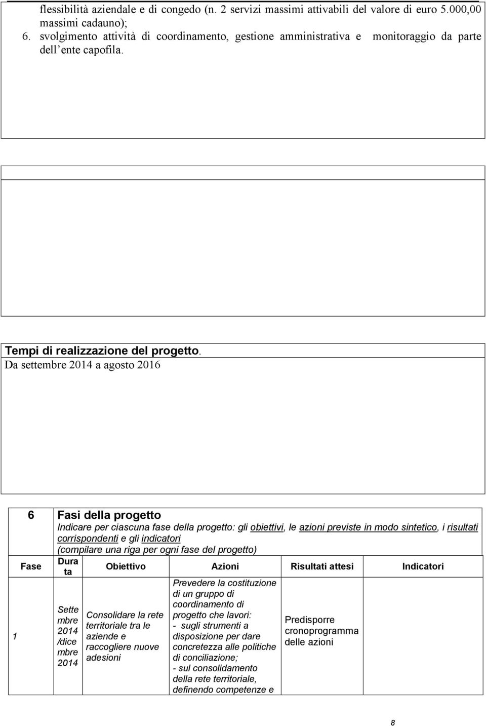 Da settembre 2014 a agosto 2016 1 6 Fasi della progetto Indicare per ciascuna fase della progetto: gli obiettivi, le azioni previste in modo sintetico, i risultati corrispondenti e gli indicatori