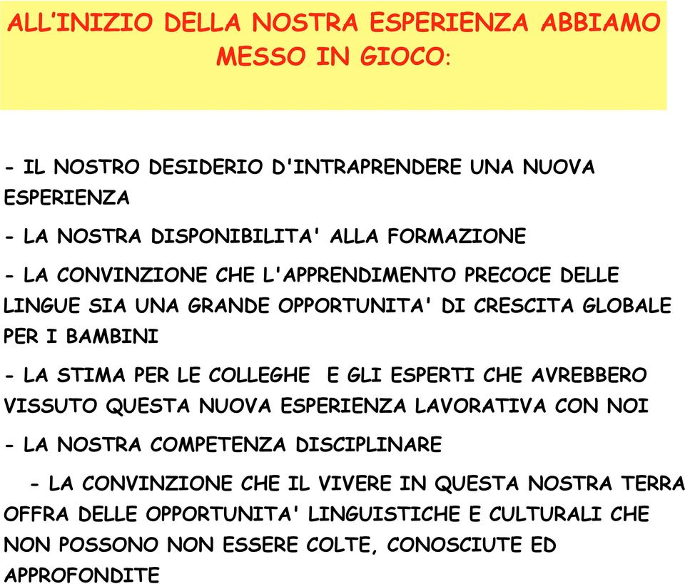 PER LE COLLEGHE E GLI ESPERTI CHE AVREBBERO VISSUTO QUESTA NUOVA ESPERIENZA LAVORATIVA CON NOI - LA NOSTRA COMPETENZA DISCIPLINARE - LA