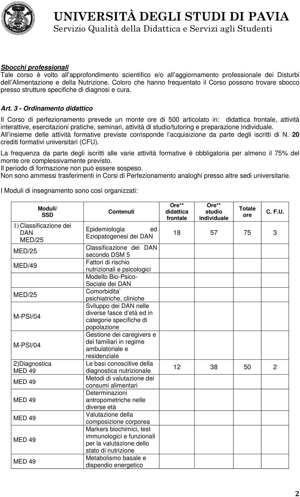 3 - Ordinamento didattico Il Corso di perfezionamento prevede un monte ore di 500 articolato in: didattica frontale, attività interattive, esercitazioni pratiche, seminari, attività di