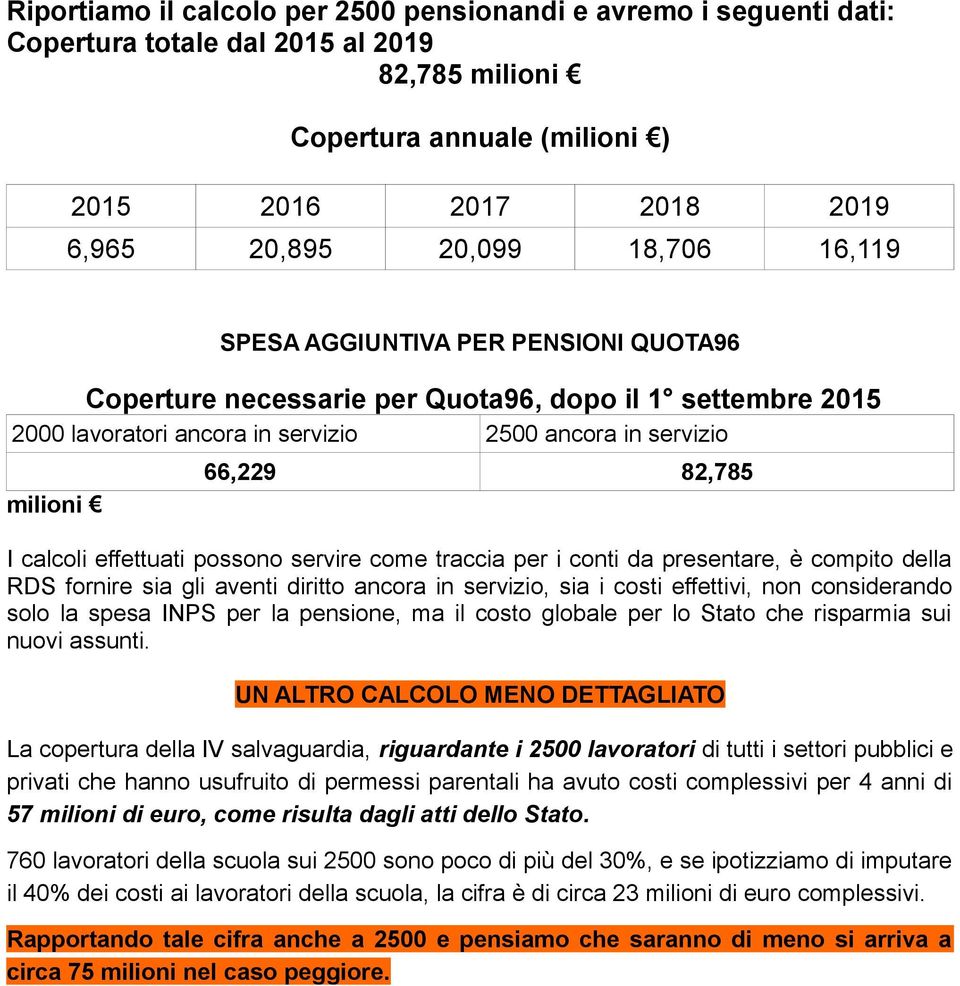 effettuati possono servire come traccia per i conti da presentare, è compito della RDS fornire sia gli aventi diritto ancora in servizio, sia i costi effettivi, non considerando solo la spesa INPS