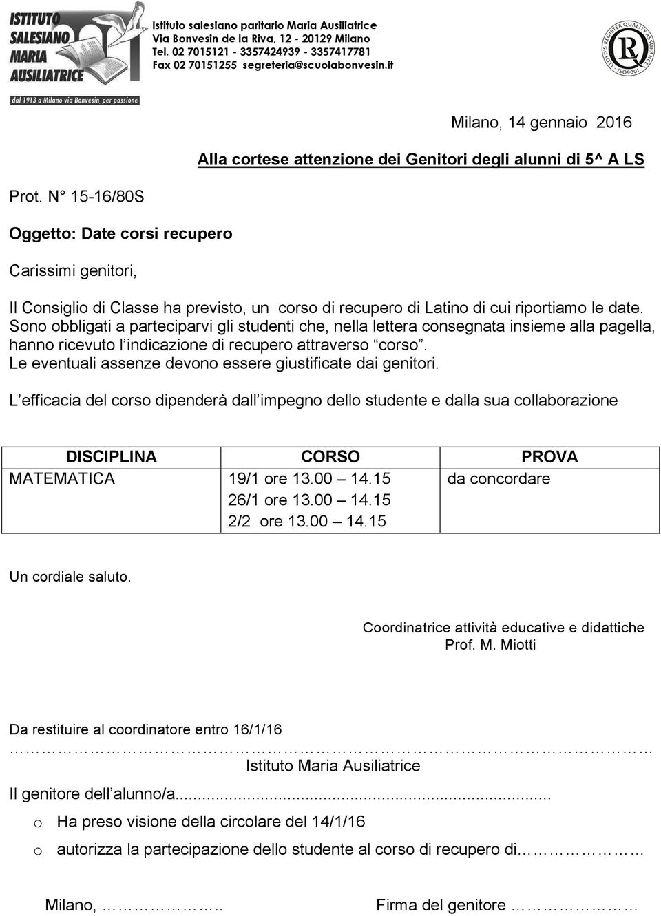 indicazione di recupero attraverso corso. MATEMATICA 19/1 ore 13.00 14.