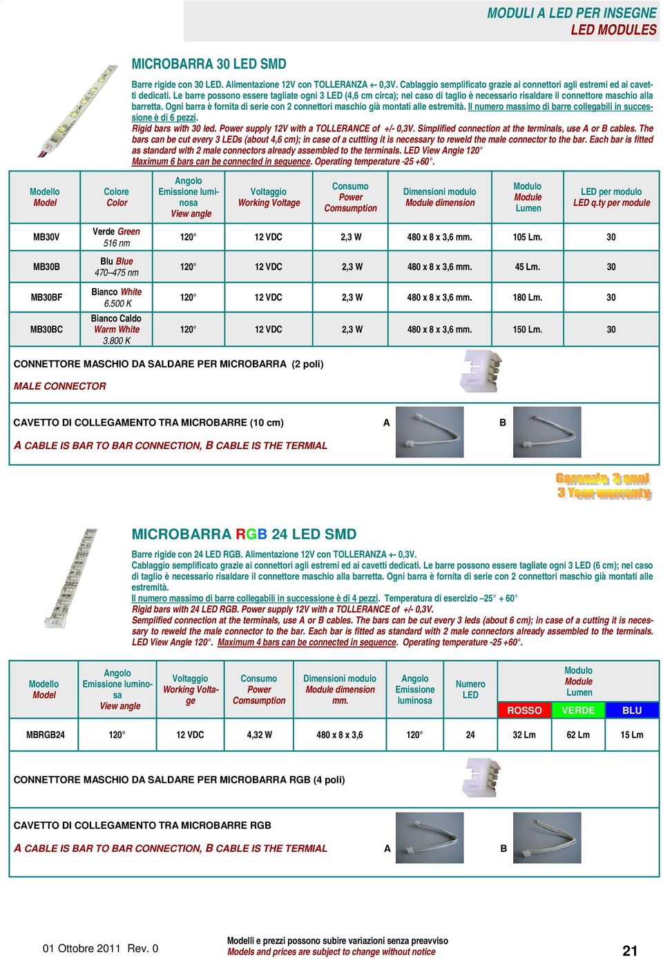 Ogni barra è fornita di serie con 2 connettori maschio già montati alle estremità. Il numero massimo di barre collegabili in successione è di 6 pezzi. Rigid bars with 30 led.