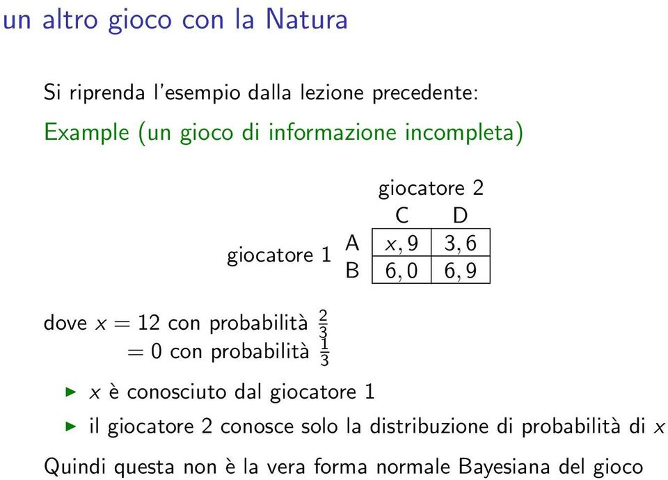 probabilità 2 3 = 0 con probabilità 1 3 x è conosciuto dal giocatore 1 il giocatore 2 conosce