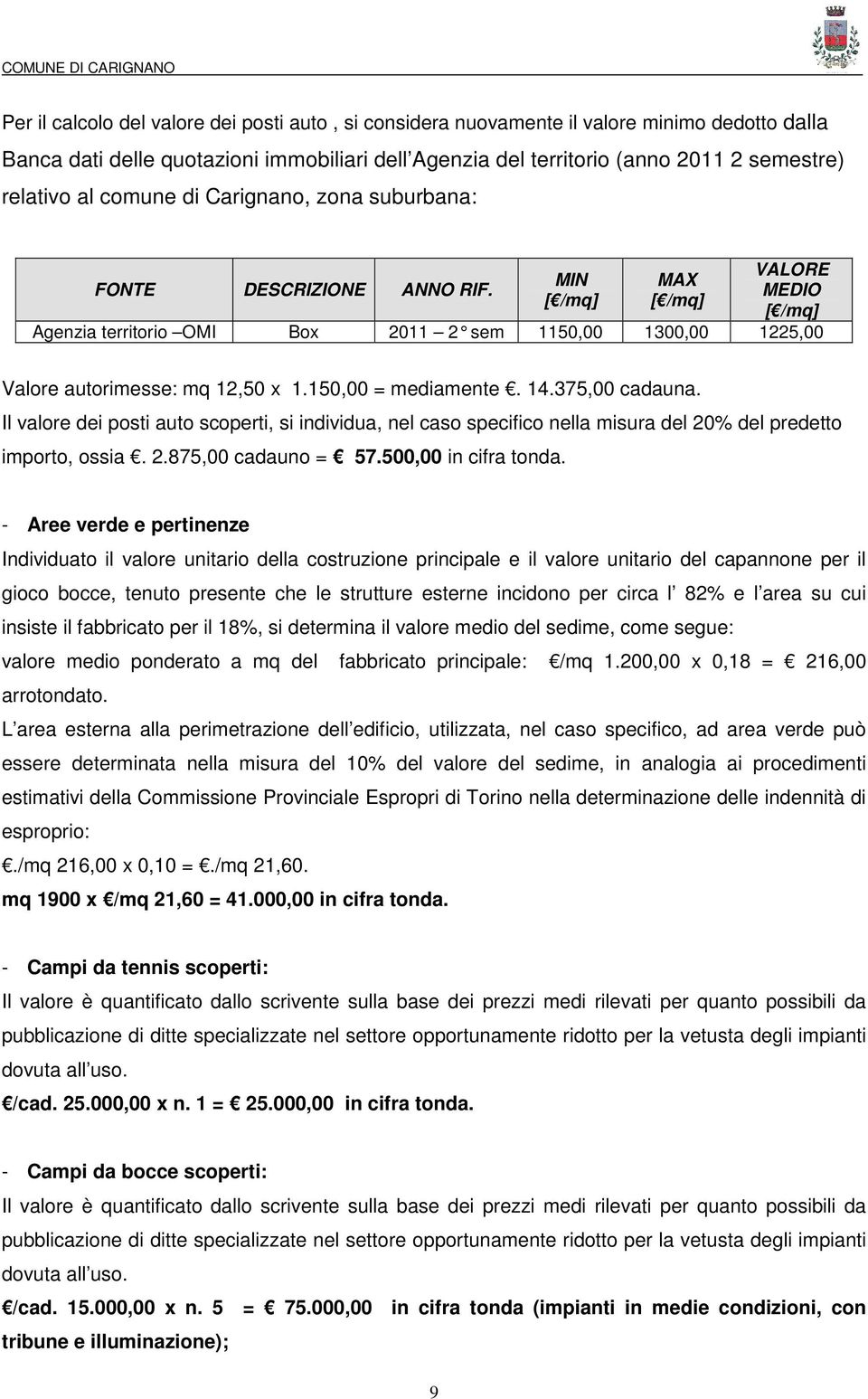 150,00 = mediamente. 14.375,00 cadauna. Il valre dei psti aut scperti, si individua, nel cas specific nella misura del 20% del predett imprt, ssia. 2.875,00 cadaun = 57.500,00 in cifra tnda.