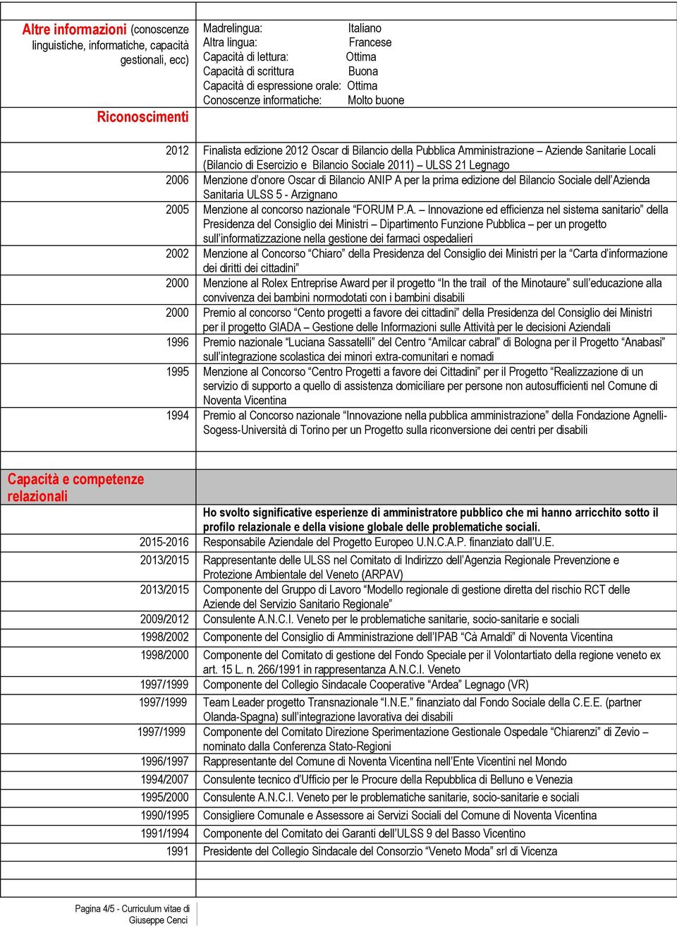 Esercizio e Bilancio Sociale 2011) ULSS 21 Legnago 2006 Menzione d onore Oscar di Bilancio ANIP A per la prima edizione del Bilancio Sociale dell Azienda Sanitaria ULSS 5 - Arzignano 2005 Menzione al