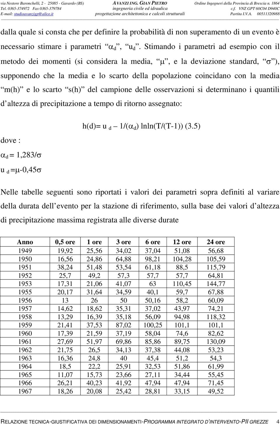 e lo scarto s(h) del campione delle osservazioni si determinano i quantili d altezza di precipitazione a tempo di ritorno assegnato: dove : α d = 1,283/σ u d =μ-0,45σ h(d)= u d 1/(α d ) lnln(t/(t-1))