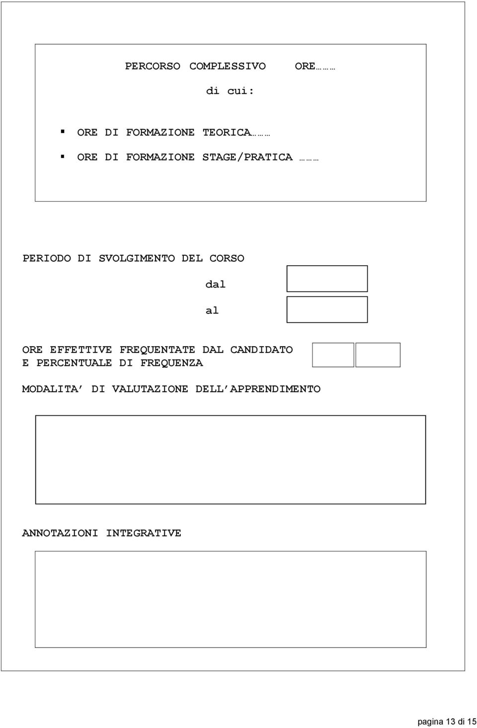 EFFETTIVE FREQUENTATE DAL CANDIDATO E PERCENTUALE DI FREQUENZA