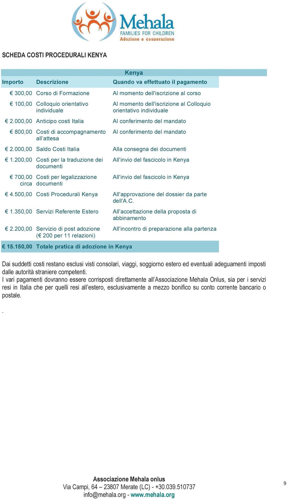 I vari pagamenti dovranno essere corrisposti direttamente all Associazione Mehala Onlus, sia per i