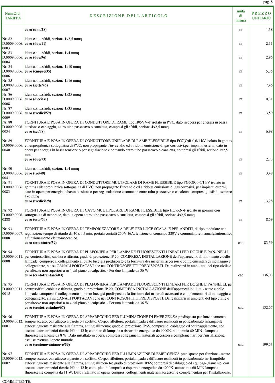 0009.0006. euro (eci/31) m 10,31 0008 Nr. 87 idem c.s....sfri, sezione 1x35 mmq D.0009.0006. euro (treci/59) m 13,59 0009 Nr.