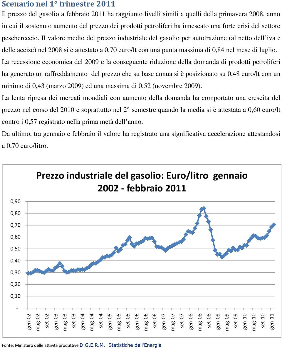 Il valore medio del prezzo industriale del gasolio per autotrazione (al netto dell iva e delle accise) nel 2008 si è attestato a 0,70 euro/lt con una punta massima di 0,84 nel mese di luglio.