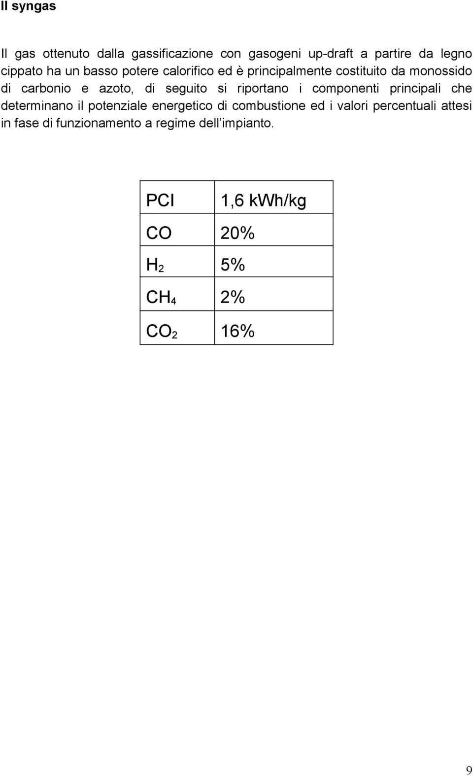 riportano i componenti principali che determinano il potenziale energetico di combustione ed i valori