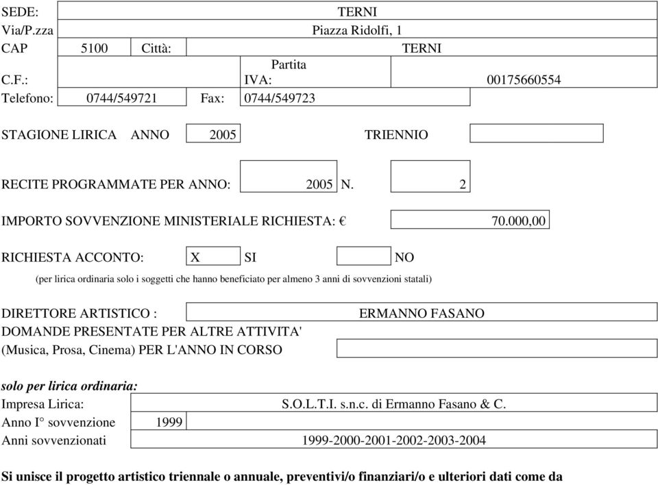 000,00 RICHIESTA ACCONTO: X SI NO (per lirica ordinaria solo i soggetti che hanno beneficiato per almeno 3 anni di sovvenzioni statali) DIRETTORE ARTISTICO : DOMANDE PRESENTATE PER ALTRE