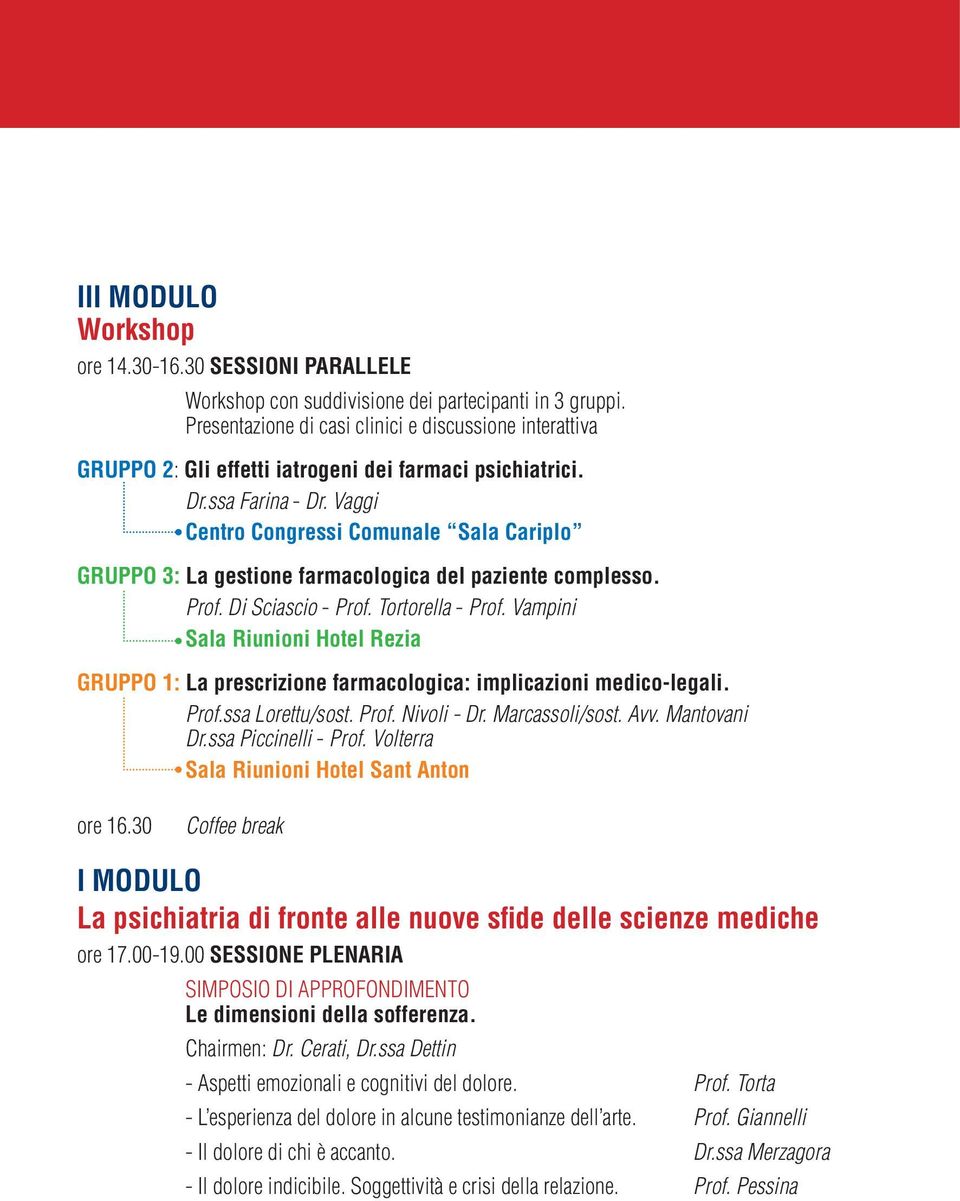 Vaggi Centro Congressi Comunale Sala Cariplo GRUPPO 3: La gestione farmacologica del paziente complesso. Prof. Di Sciascio - Prof. Tortorella - Prof.