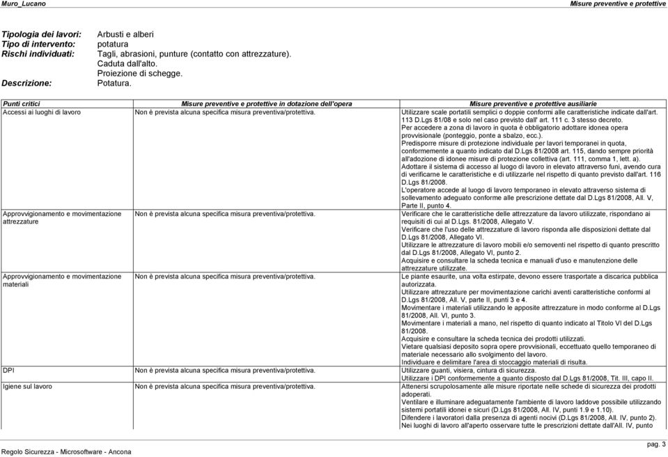 Punti critici Misure preventive e protettive in dotazione dell'opera Misure preventive e protettive ausiliarie Accessi ai luoghi di lavoro Utilizzare scale portatili semplici o doppie conformi alle