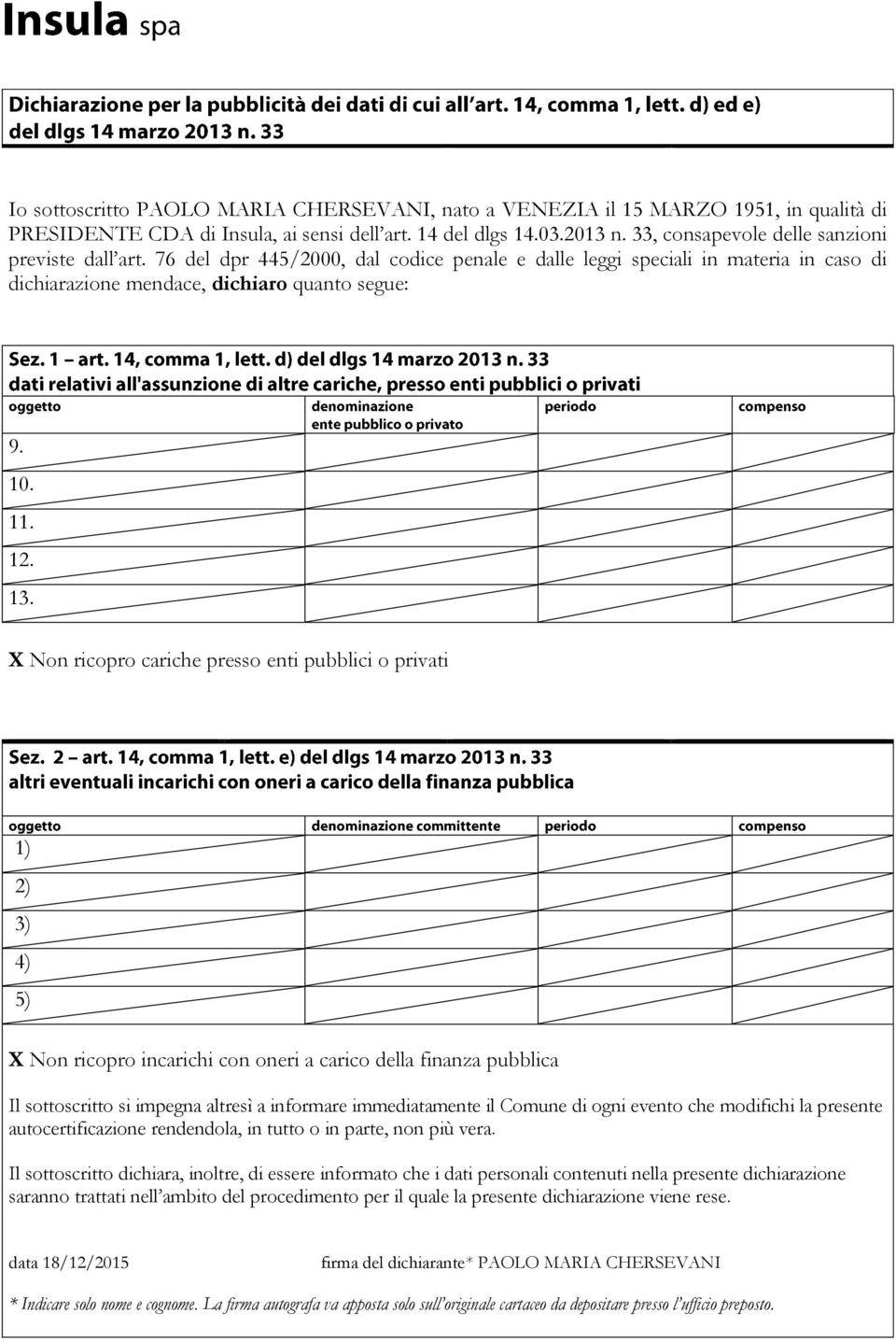 X Non ricopro cariche presso enti pubblici o privati 1) 2) 3) 4) 5) X Non ricopro incarichi con oneri a carico della finanza pubblica Il sottoscritto si impegna altresì a informare immediatamente il