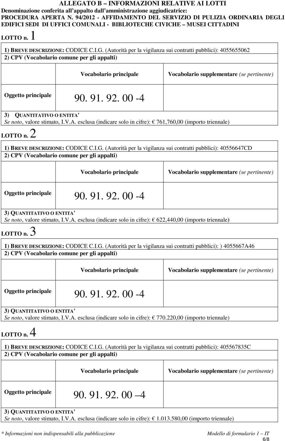 91. 92. 00-4 Se noto, valore stimato, I.V.A. esclusa (indicare solo in cifre): 761,760,00 (importo triennale) LOTTO n. 2 1) BREVE DESCRIZIONE: CODICE C.I.G.