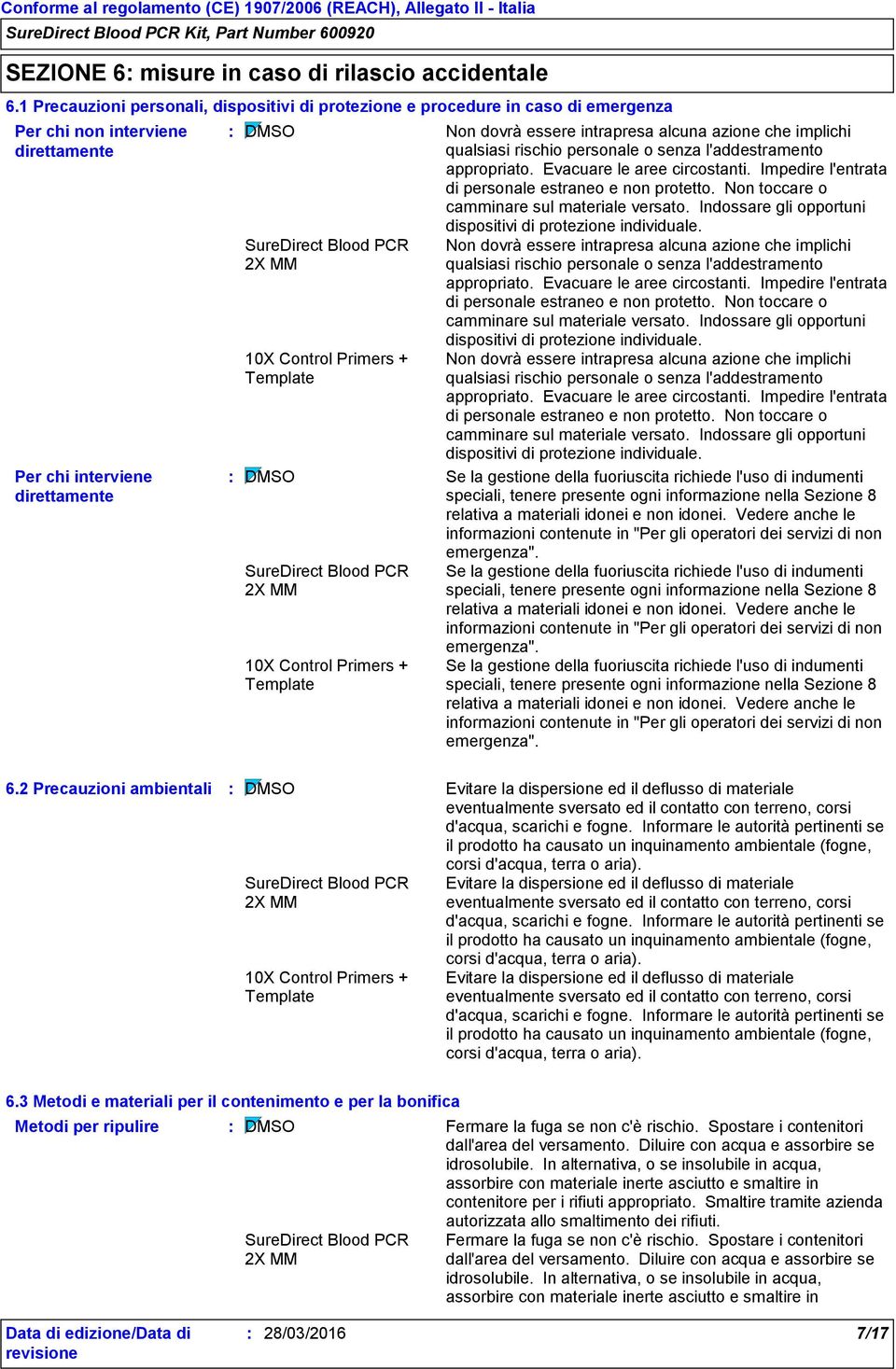 2 Precauzioni ambientali Evitare la dispersione ed il deflusso di materiale eventualmente sversato ed il contatto con terreno, corsi d'acqua, scarichi e fogne.