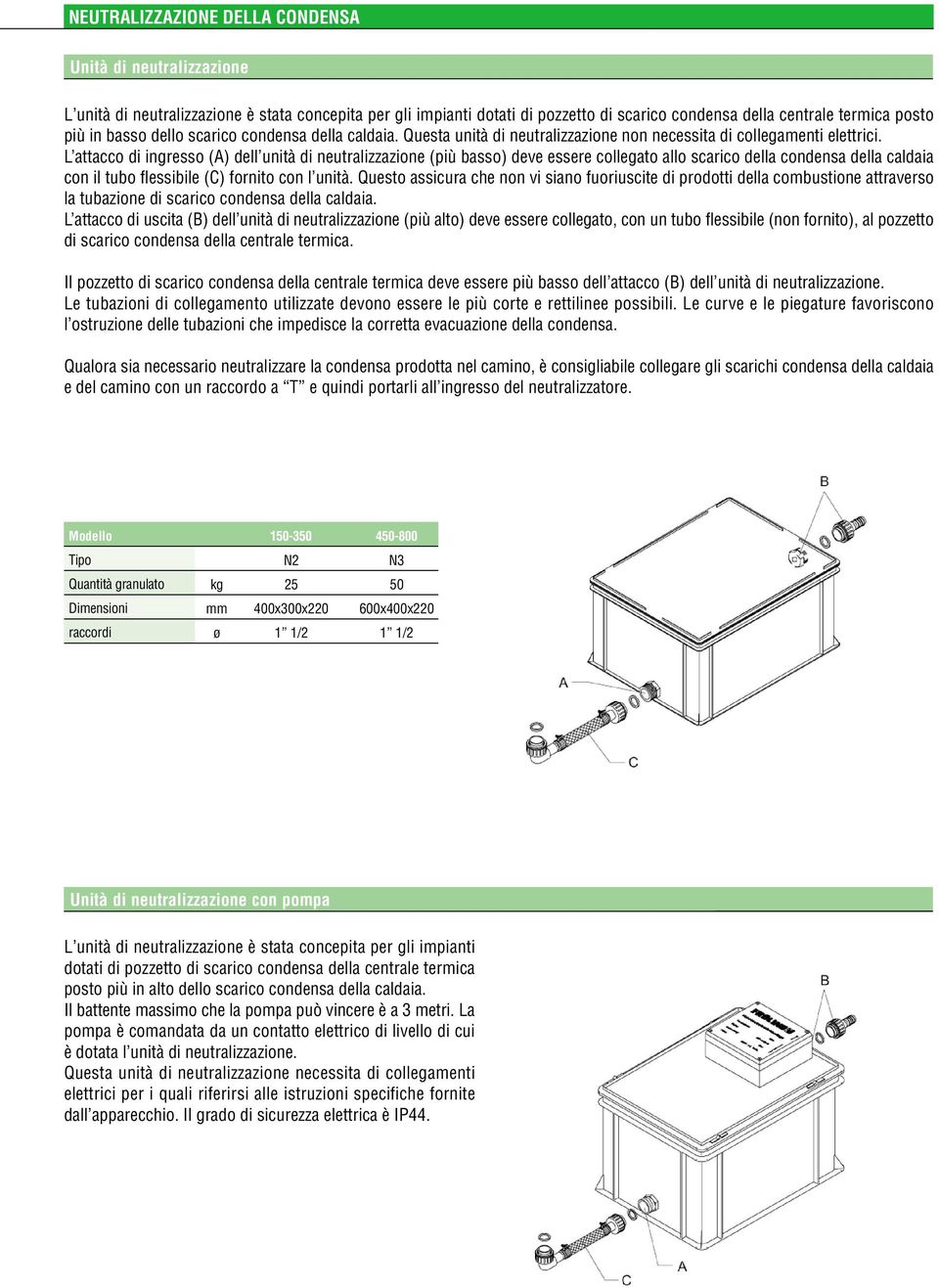 L attacco di ingresso (A) dell unità di neutralizzazione (più basso) deve essere collegato allo scarico della condensa della caldaia con il tubo flessibile (C) fornito con l unità.