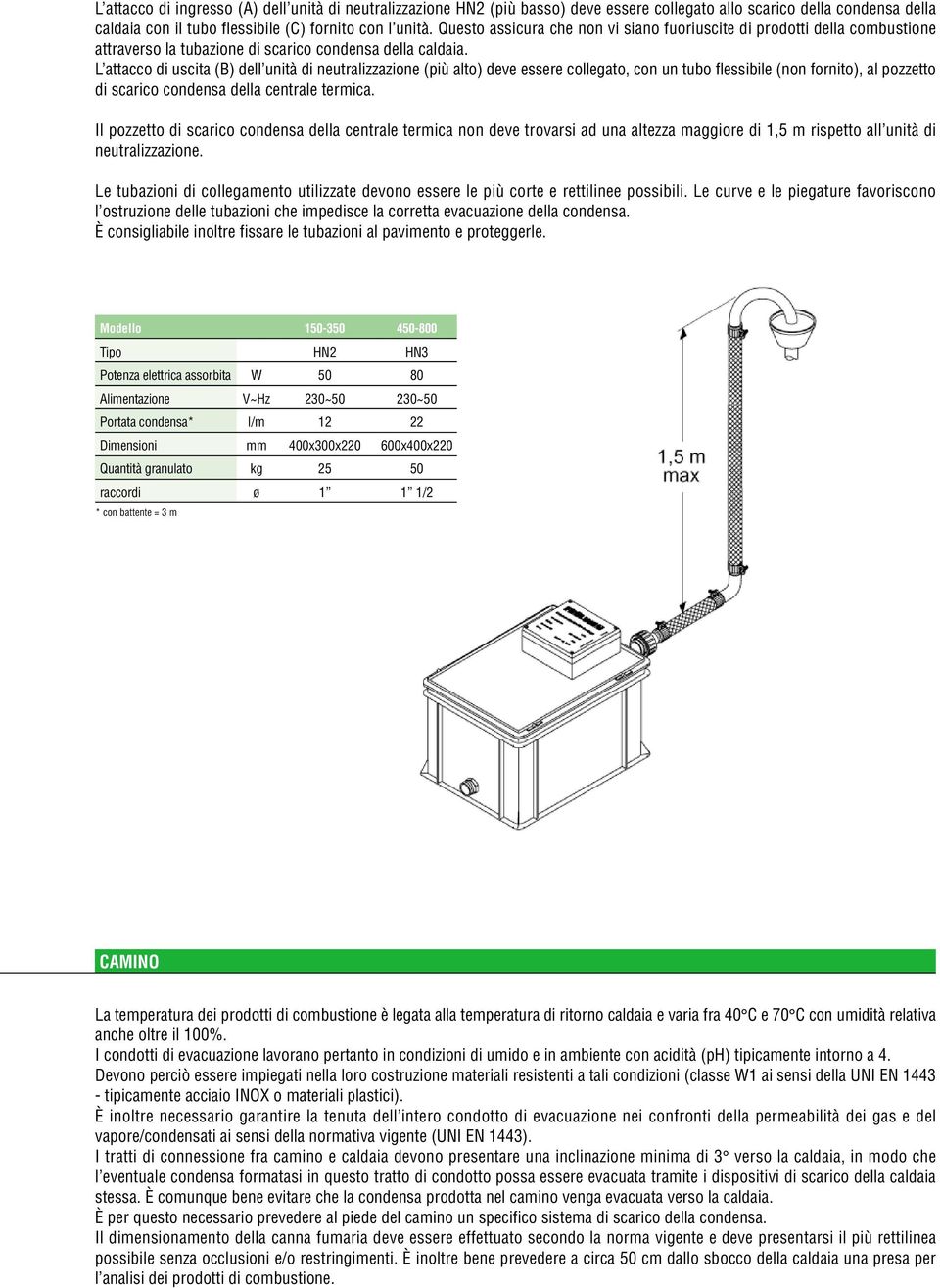 L attacco di uscita (B) dell unità di neutralizzazione (più alto) deve essere collegato, con un tubo flessibile (non fornito), al pozzetto di scarico condensa della centrale termica.