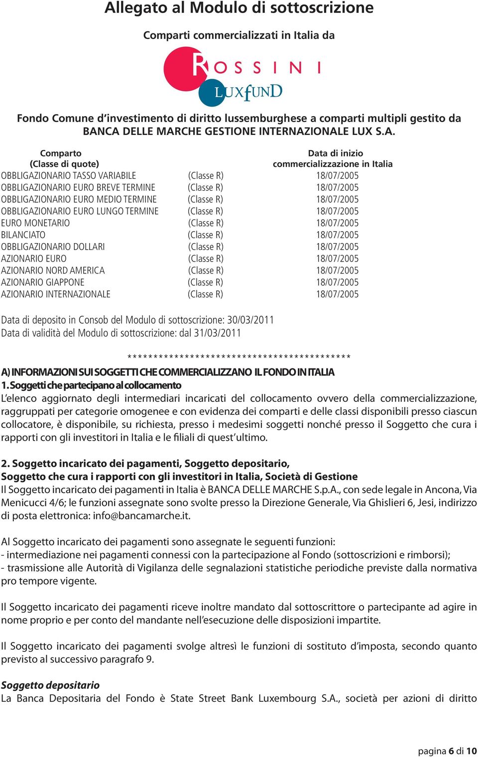 IONALE LUX S.A. Comparto Data di inizio (Classe di quote) commercializzazione in Italia OBBLIGAZIONARIO TASSO VARIABILE (Classe R) 18/07/2005 OBBLIGAZIONARIO EURO BREVE TERMINE (Classe R) 18/07/2005