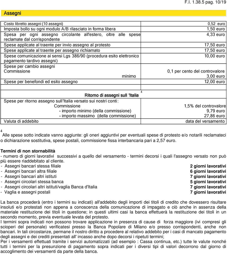 corrispondente Spese applicate al traente per invio assegno al protesto Spese applicate al traente per assegno richiamato Spese comunicazione ai sensi Lgs 386/90 (procedura esito elettronico