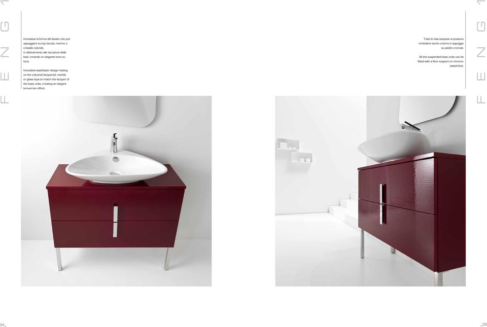 Innovative washbasin design resting on the coloured lacquered, marble or glass tops to match the lacquer of the base units, creating