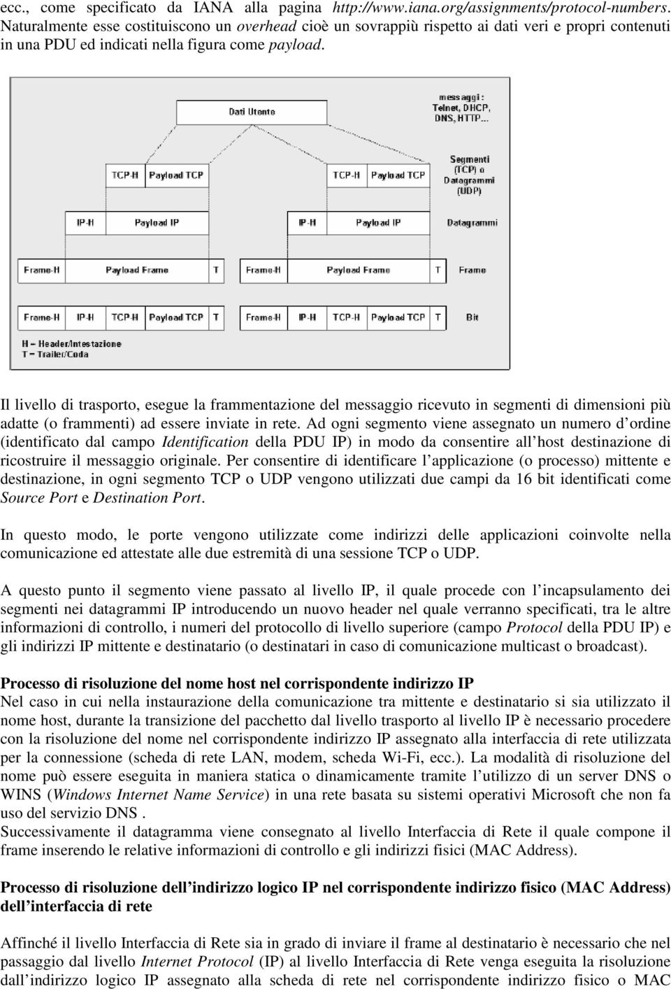 Il livello di trasporto, esegue la frammentazione del messaggio ricevuto in segmenti di dimensioni più adatte (o frammenti) ad essere inviate in rete.