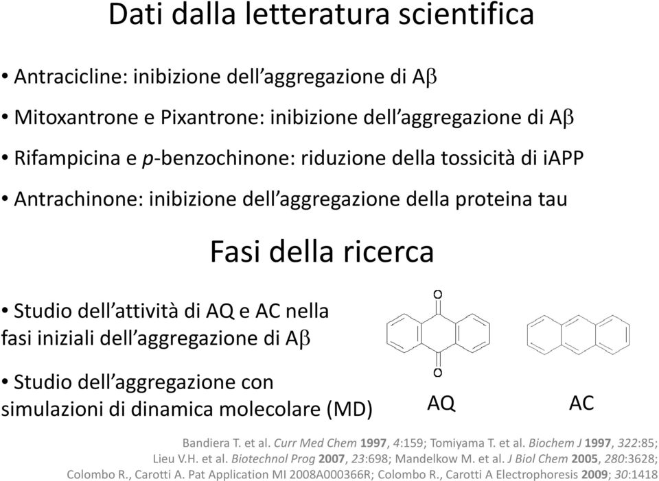 aggregazione di Aβ Studio dell aggregazione con simulazioni di dinamica molecolare (MD) AQ AC Bandiera T. et al. Curr Med Chem1997, 4:159; Tomiyama T. et al. Biochem J1997, 322:85; Lieu V.