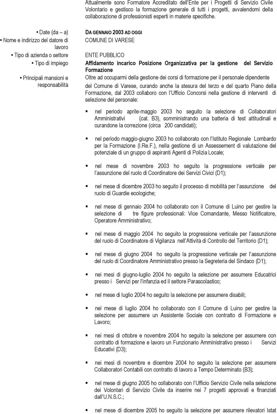 Date (da a) DA GENNAIO 2003 AD OGGI Nome e indirizzo del datore di COMUNE DI VARESE Tipo di impiego Affidamento incarico Posizione Organizzativa per la gestione del Servizio Formazione Principali