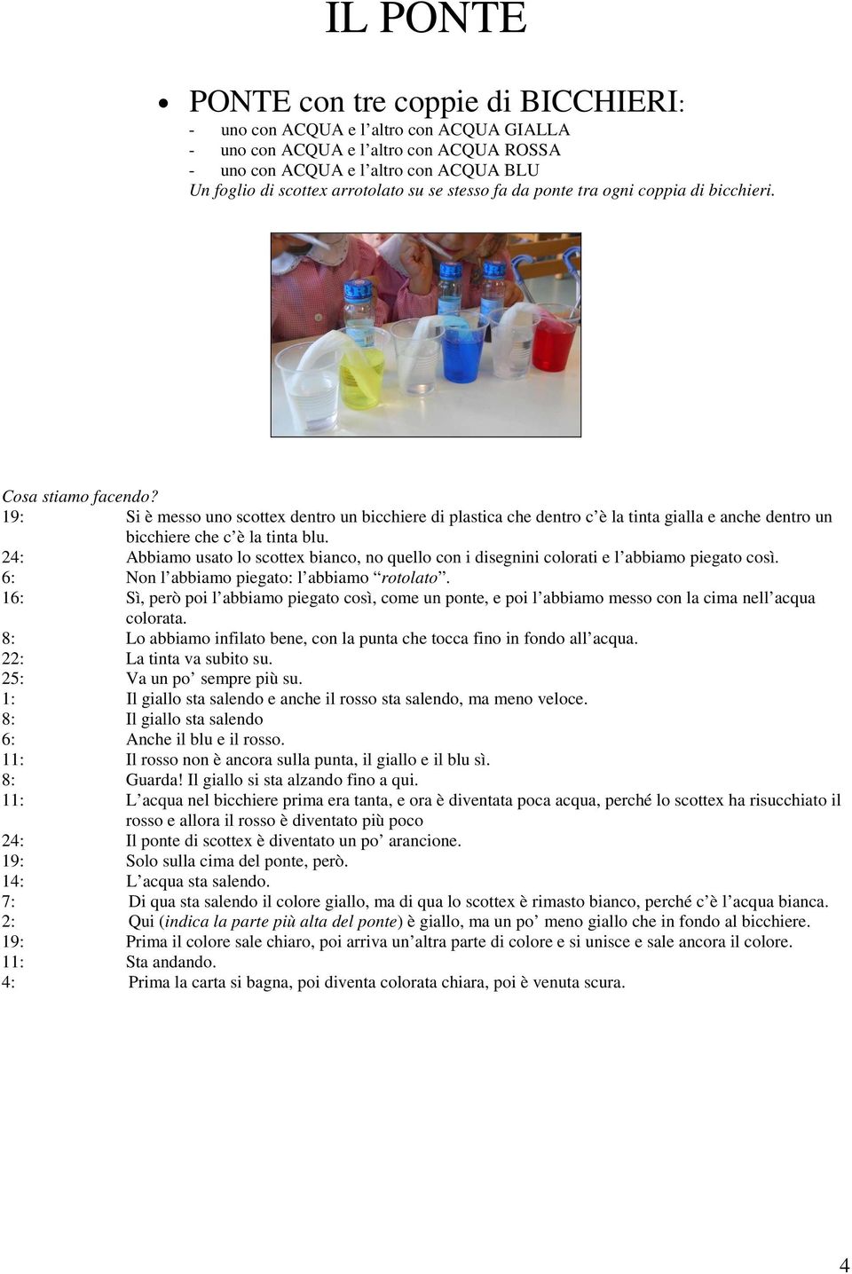 19: Si è messo uno scottex dentro un bicchiere di plastica che dentro c è la tinta gialla e anche dentro un bicchiere che c è la tinta blu.