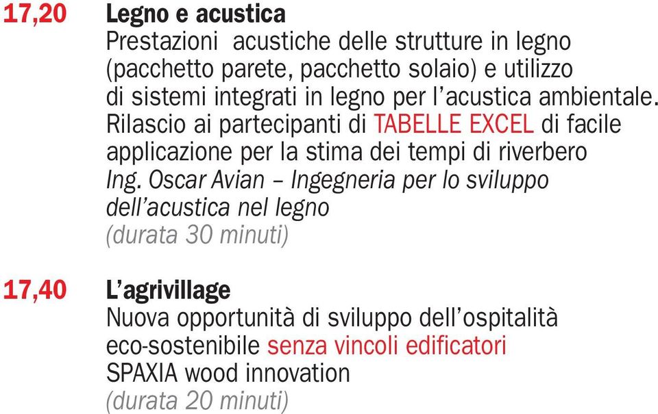 Rilascio ai partecipanti di TABELLE EXCEL di facile applicazione per la stima dei tempi di riverbero Ing.