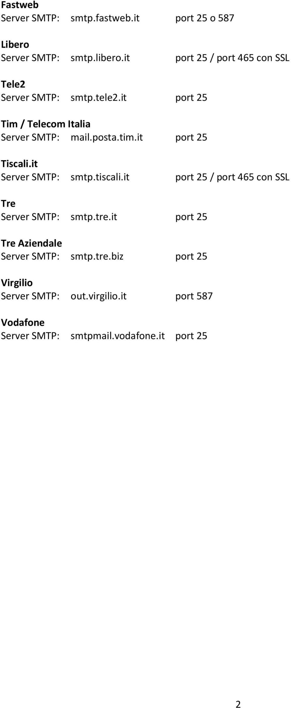 tim.it port 25 Tiscali.it Server SMTP: smtp.tiscali.it port 25 / port 465 con SSL Tre Server SMTP: smtp.tre.