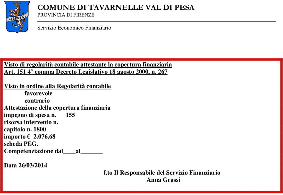 267 Visto in ordine alla Regolarità contabile favorevole contrario Attestazione della copertura finanziaria impegno di