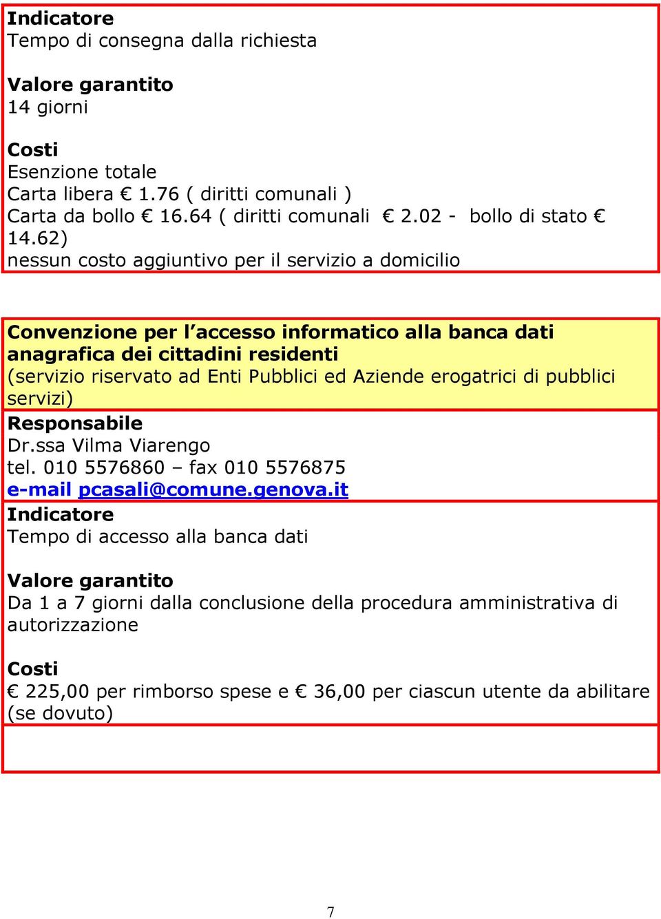 62) nessun costo aggiuntivo per il servizio a domicilio Convenzione per l accesso informatico alla banca dati anagrafica dei cittadini residenti (servizio