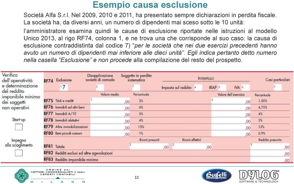 al modello Unico 2013, al rigo RF74, colonna 1, e ne trova una che corrisponde al suo caso: la causa di esclusione contraddistinta dal codice 7) per le società che