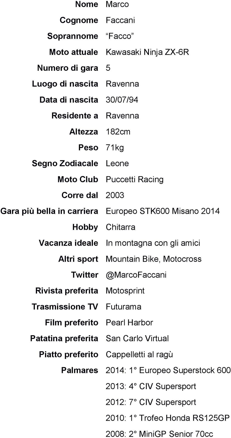 amici Altri sport Mountain Bike, Motocross Twitter @MarcoFaccani Rivista preferita Motosprint Trasmissione TV Futurama Film preferito Pearl Harbor Patatina preferita San Carlo