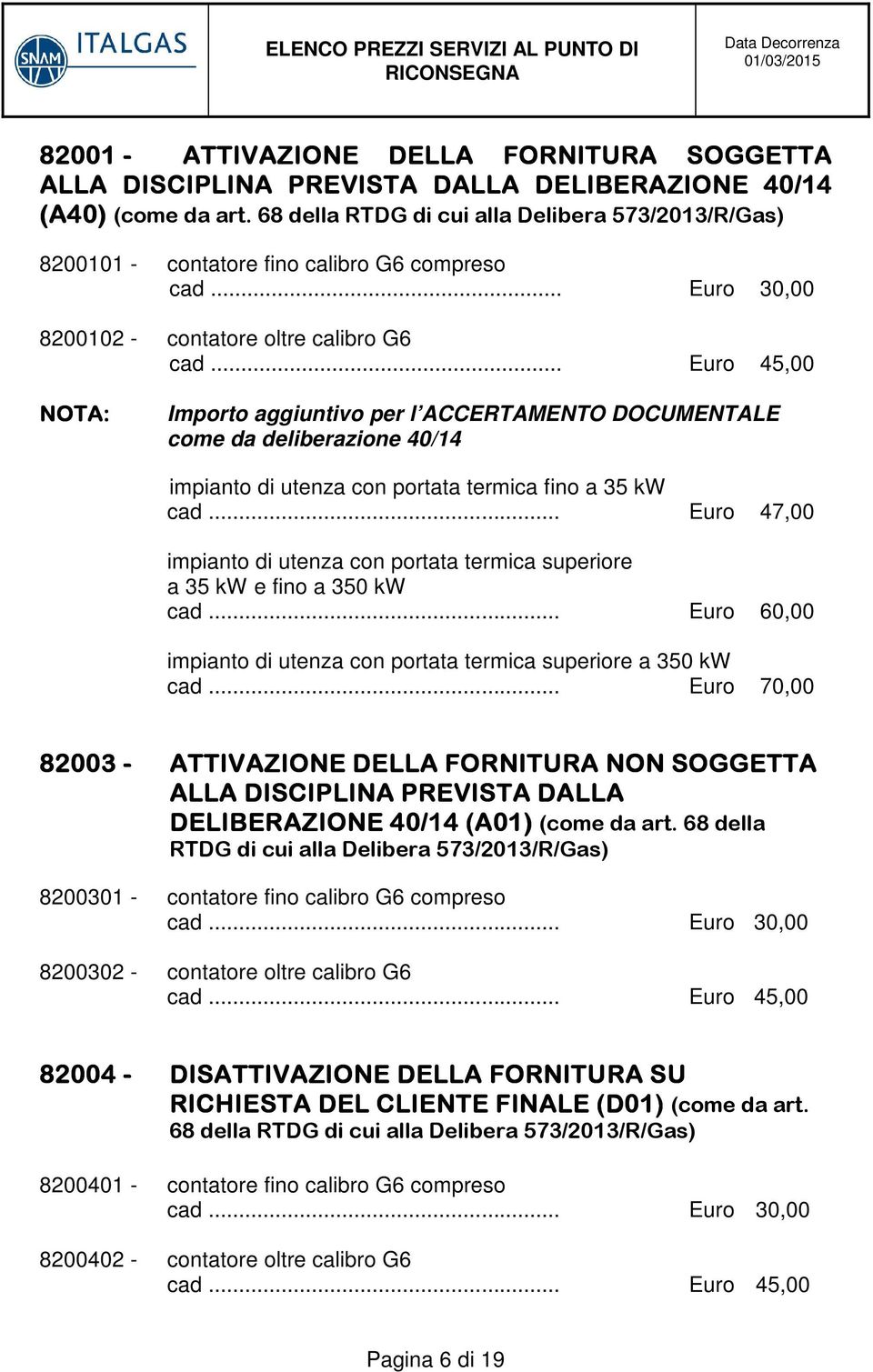 .. Euro 45,00 NOTA: Importo aggiuntivo per l ACCERTAMENTO DOCUMENTALE come da deliberazione 40/14 impianto di utenza con portata termica fino a 35 kw cad.