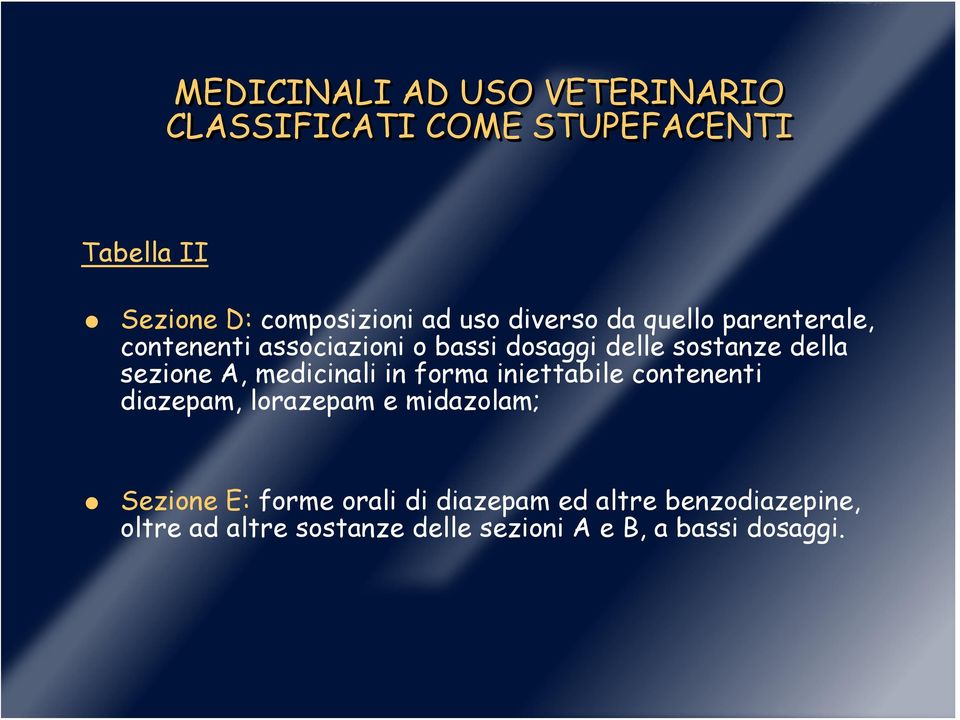 sezione A, medicinali in forma iniettabile contenenti diazepam, lorazepam e midazolam; Sezione E: