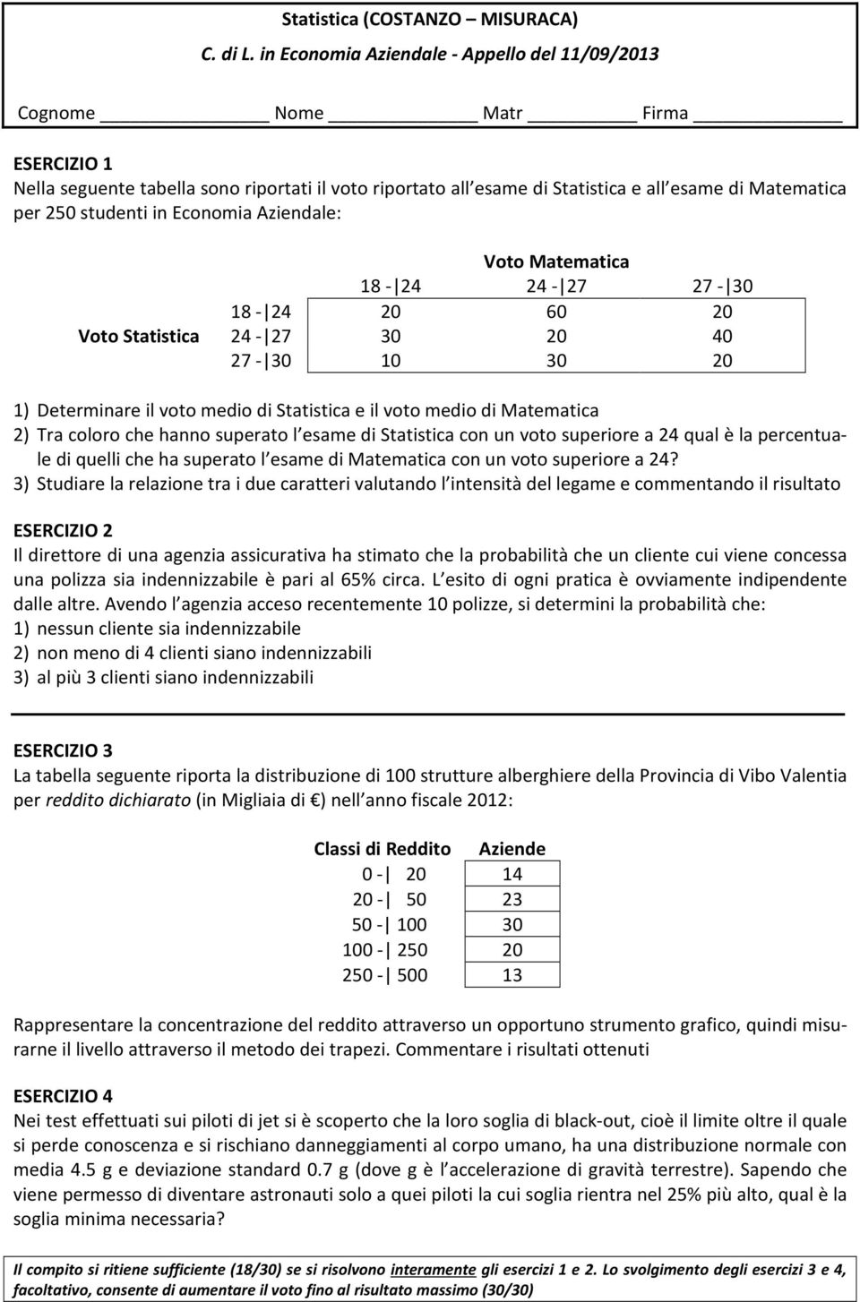 Statistica Voto Matematica 18-24 24-27 27-30 18-24 20 60 20 24-27 30 20 40 27-30 10 30 20 1) Determinare il voto medio di Statistica e il voto medio di Matematica 2) Tra coloro che hanno superato l