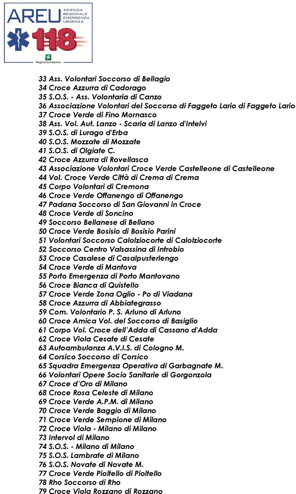 O.S. Mozzate di Mozzate 41 S.O.S. di Olgiate C. 42 Croce Azzurra di Rovellasca 43 Associazione Volontari Croce Verde Castelleone di Castelleone 44 Vol.