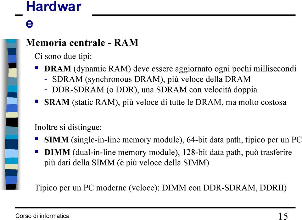 Inoltre si distingue: SIMM (single-in-line memory module), 64-bit data path, tipico per un PC DIMM (dual-in-line memory module), 128-bit data
