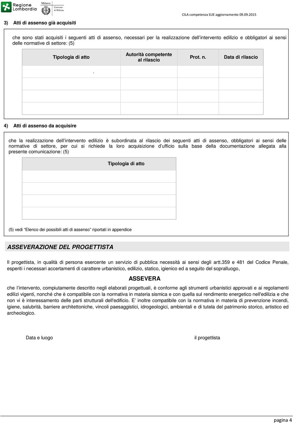 4) Atti di assenso da acquisire che la realizzazione dell intervento edilizio è subordinata al rilascio dei seguenti atti di assenso, obbligatori ai sensi delle normative di settore, per cui si