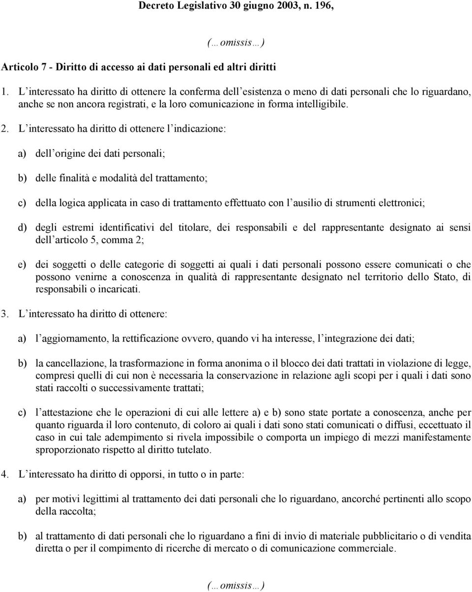 L interessato ha diritto di ottenere l indicazione: a) dell origine dei dati personali; b) delle finalità e modalità del trattamento; c) della logica applicata in caso di trattamento effettuato con l