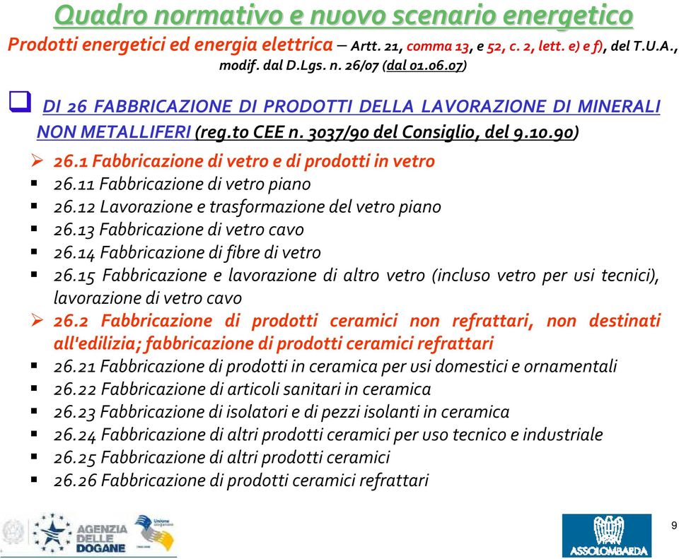 11 Fabbricazione di vetro piano 26.12 Lavorazione e trasformazione del vetro piano 26.13 Fabbricazione di vetro cavo 26.14 Fabbricazione di fibre di vetro 26.